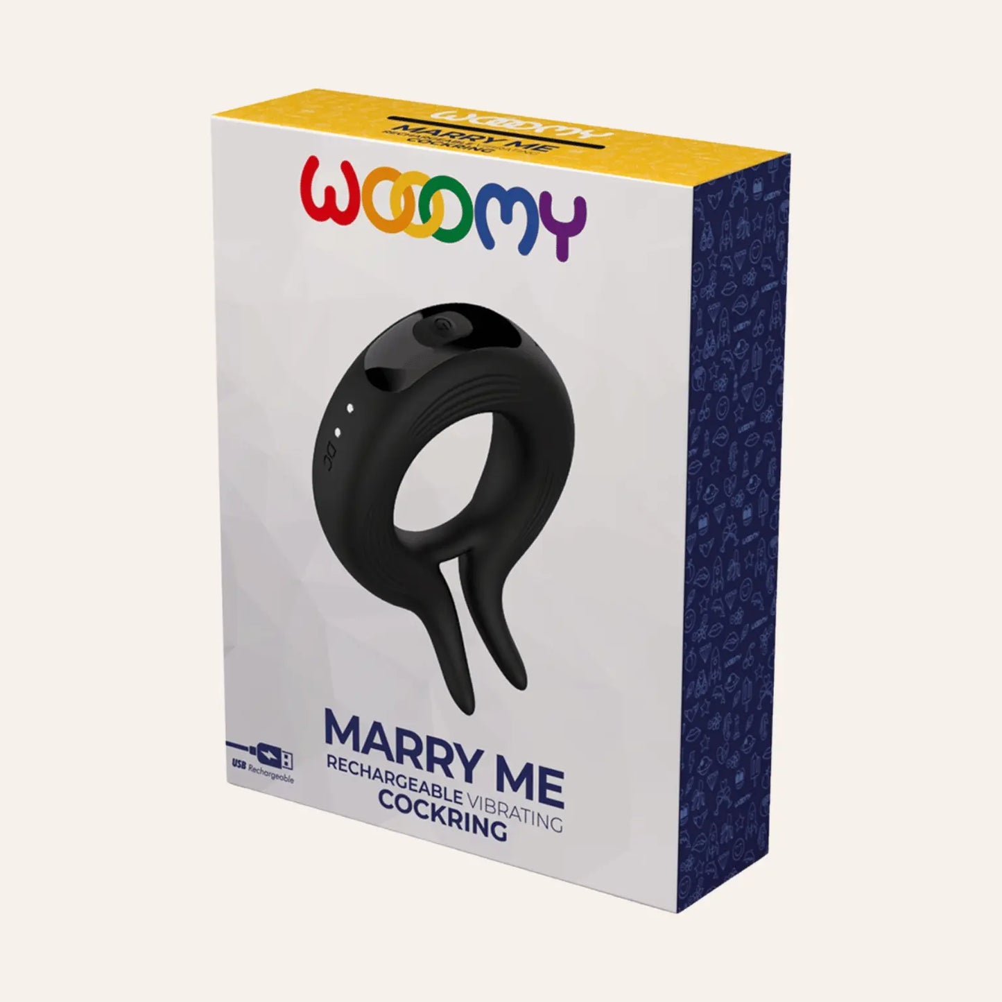 Photo de l’emballage du Cockring vibrant Marry Me de la marque Wooomy, un sextoy haut de gamme disponible sur la boutique Oh My God'Z, conçu pour intensifier les sensations lors des rapports et prolonger l’érection grâce à son moteur puissant et sa recharge USB.