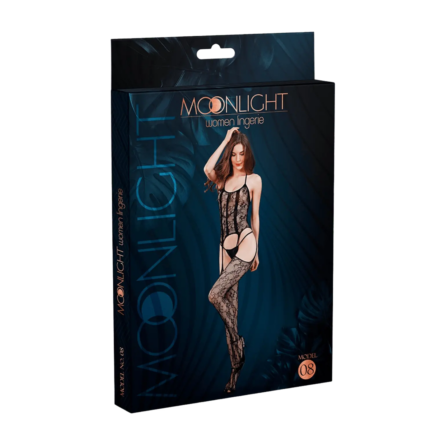 Packaging élégant du modèle 08 de la combinaison résille Moonlight, à retrouver chez Oh My God'Z. Ce visuel met en avant une lingerie érotique sophistiquée et sexy, idéale pour accompagner l’univers raffiné des sextoys haut de gamme. Offrez-vous une expérience sensuelle complète avec cette pièce iconique de la boutique.