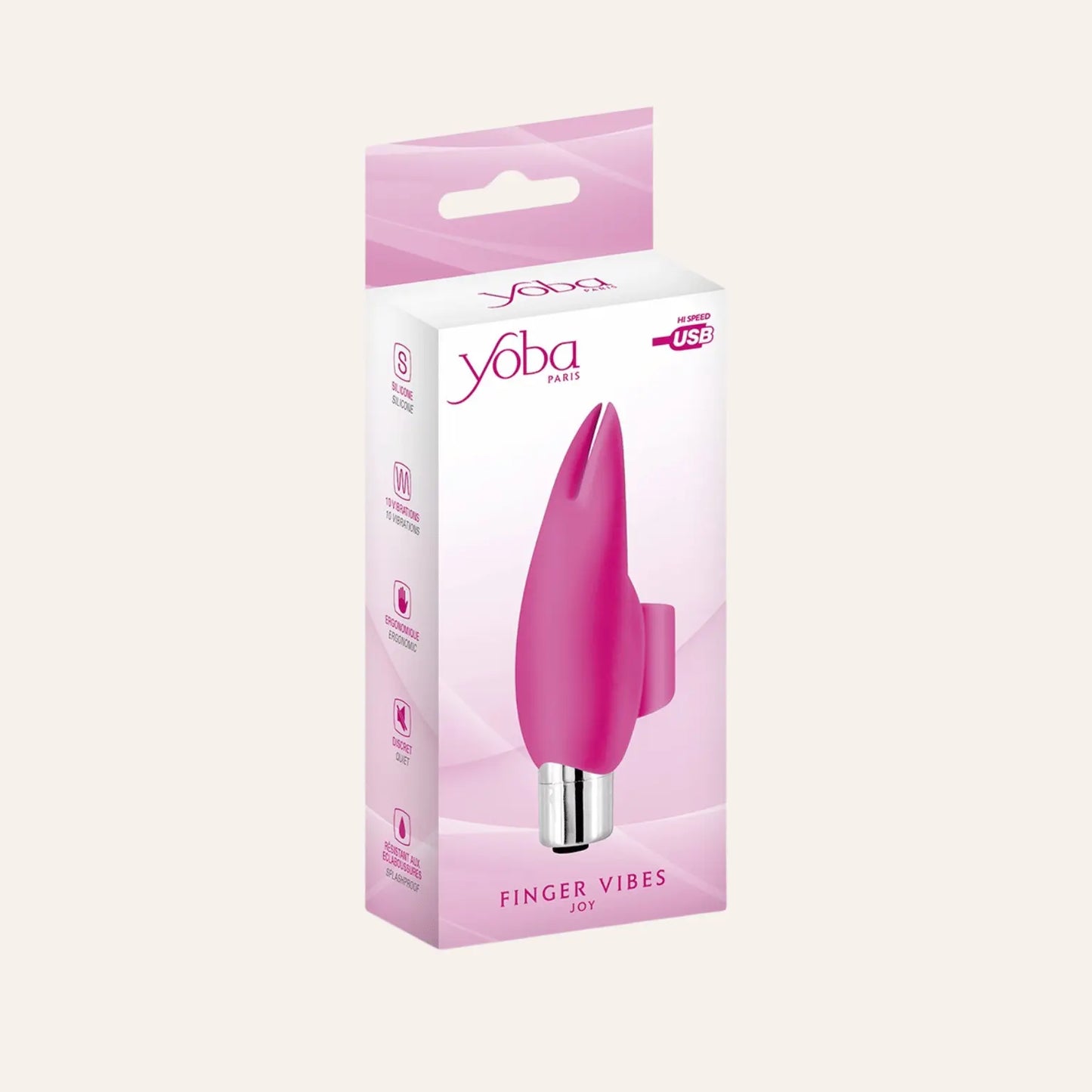 Emballage du doigt vibrant Joy signé Yoba, un sextoy compact et élégant en silicone premium, disponible chez la boutique Oh My God'Z pour une stimulation intime haut de gamme et discrète.