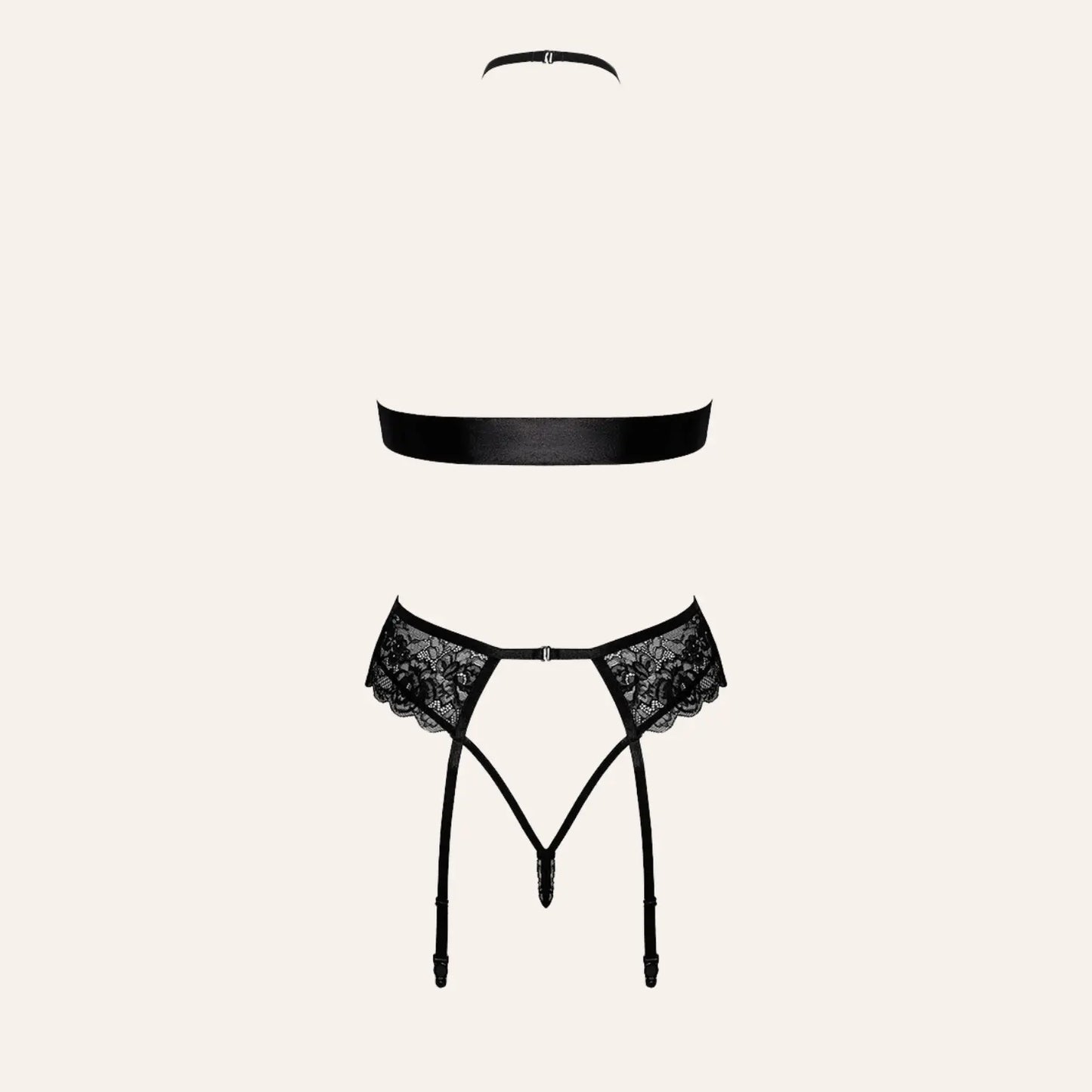 Ensemble Bondage Black Set 4 pièces Kiss 244 en dentelle noire avec porte-jarretelles, vue de dos.