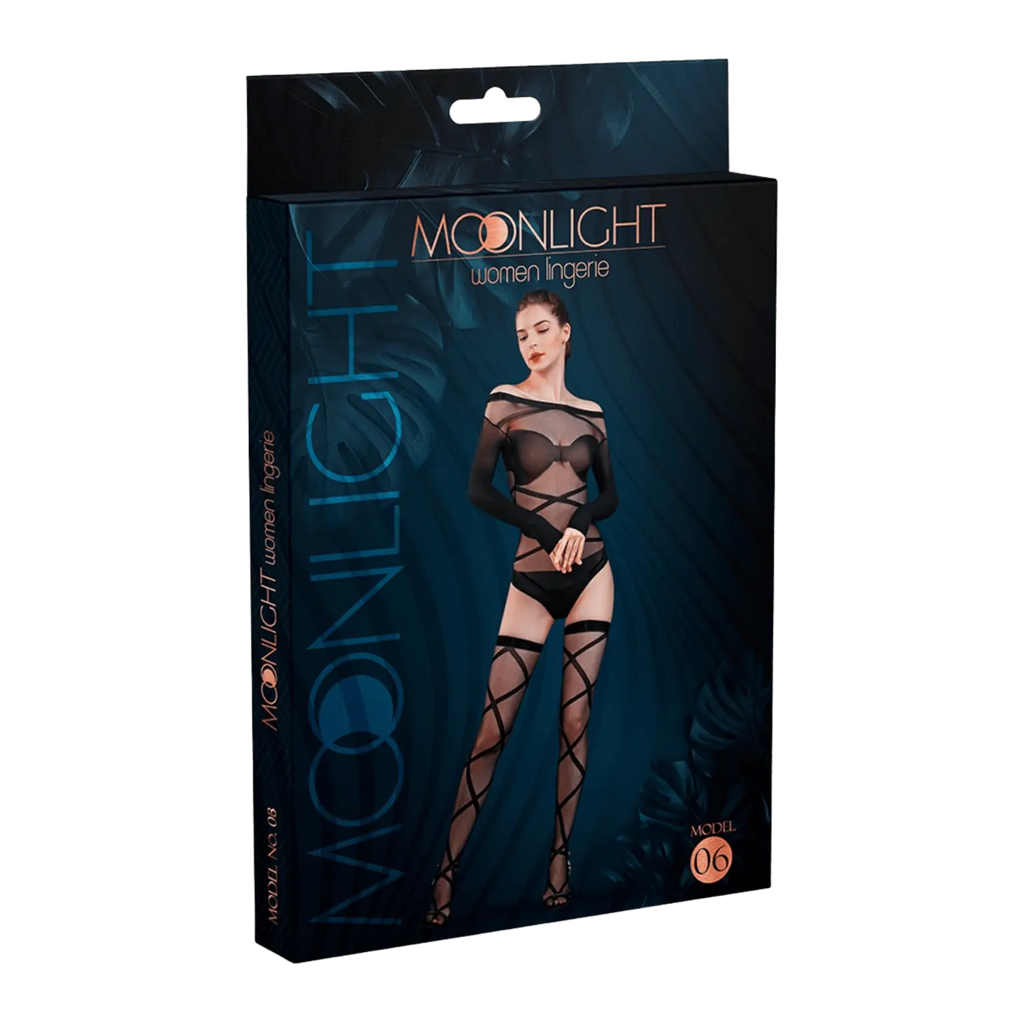 Packaging élégant de la combinaison résille N°6 signée Moonlight, illustrant une lingerie érotique chic et audacieuse, à retrouver sur Oh My God'Z, l’univers du plaisir et des sextoys de luxe.