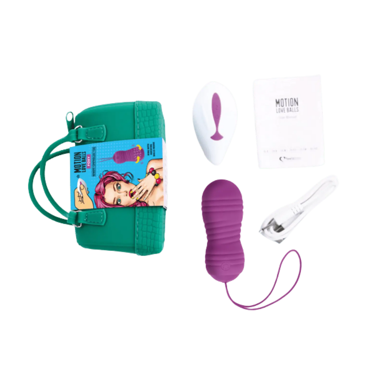 Contenu de la boîte de la Love Ball télécommandée Foxy de Feelztoys avec sa télécommande, son sac de transport et son câble de recharge USB. Disponible chez Oh My God'Z.