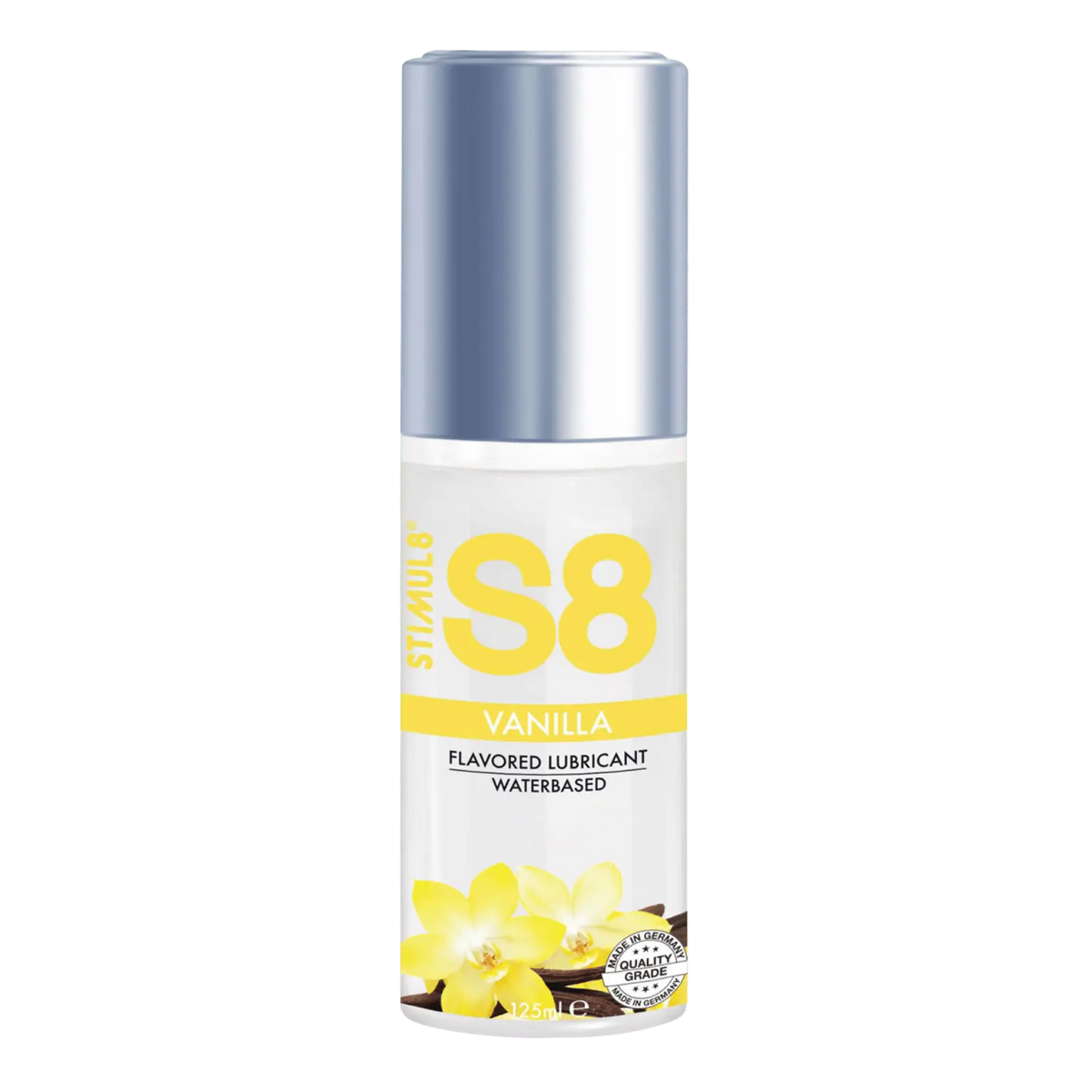 Lubrifiant S8 parfumé vanille 125ml à base d'eau, de qualité supérieure, conçu pour une expérience sensuelle tout en étant compatible avec les sextoys haut de gamme, en vente chez Oh My God'Z.