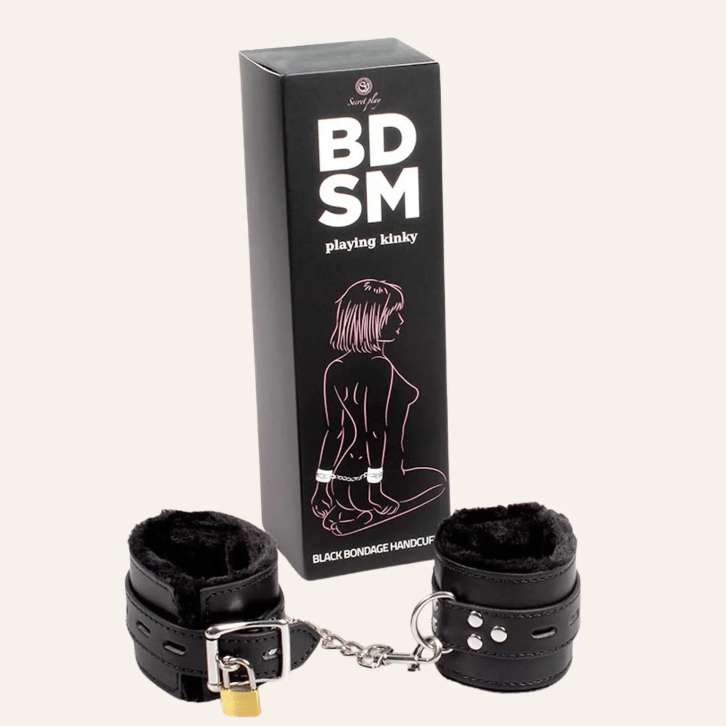 Paire de menottes en cuir noir vegan avec doublure en peluche, accompagnée de son emballage marqué "BDSM - Playing Kinky", avec une illustration minimaliste d'une personne attachée.