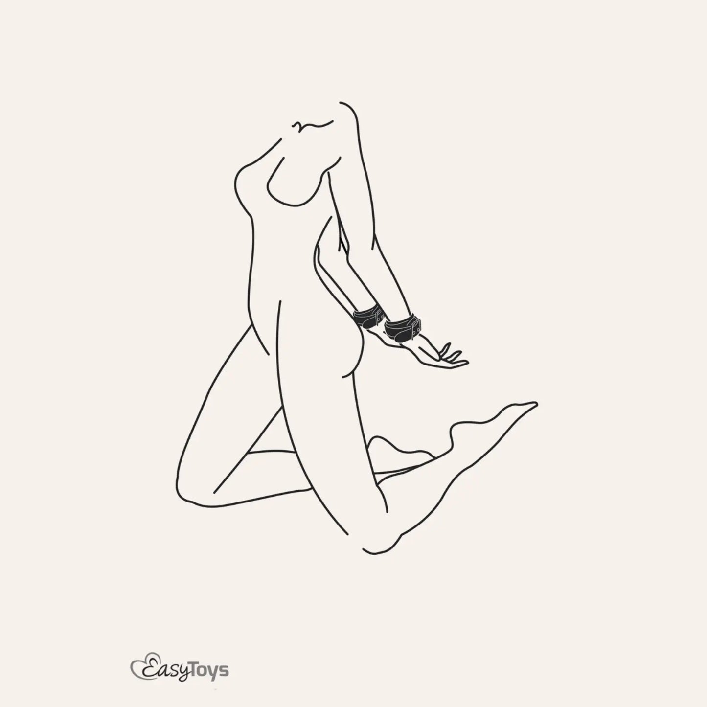 Illustration sensuelle représentant une femme attachée avec des menottes de poignets en cuir noir de la gamme Easytoys Fetish Collection, disponibles sur la boutique Oh My God'Z. Ces menottes BDSM haut de gamme sont idéales pour les jeux de domination raffinés et offrent un confort optimal grâce à leur doublure moelleuse.