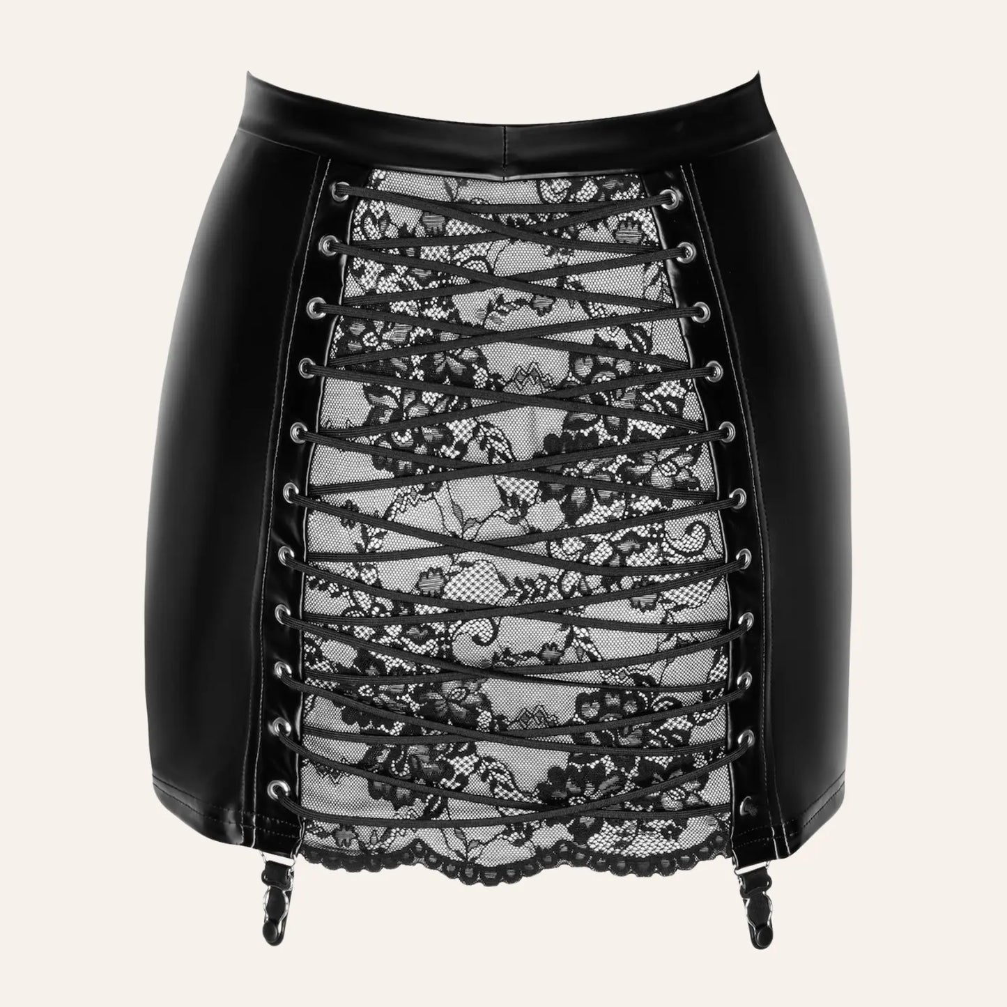 Zoom sur le dos de la jupe Corset F341 dévoilant un panneau en dentelle noire croisée de lacets, une création Pandora vendue sur Oh My God'Z. Son esthétique sexy et raffinée la rend idéale pour des jeux intimes avec sextoys de luxe.