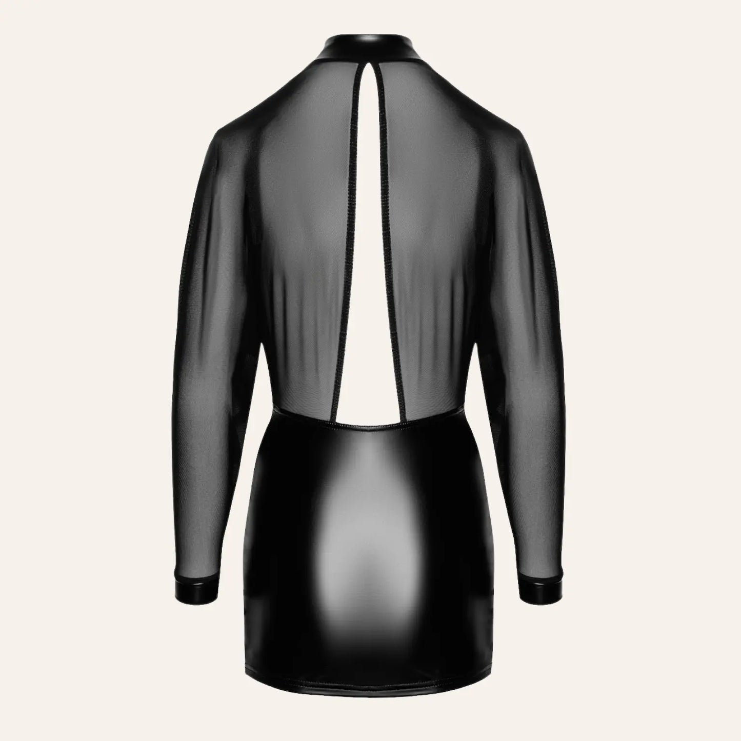 Vue arrière de la mini robe Opium F348 en wetlook et tulle par Oh My God'Z, une pièce de lingerie sexy haut de gamme idéale pour les amateurs de tenues érotiques raffinées. Transparence audacieuse et design fendu pour une séduction sans compromis.