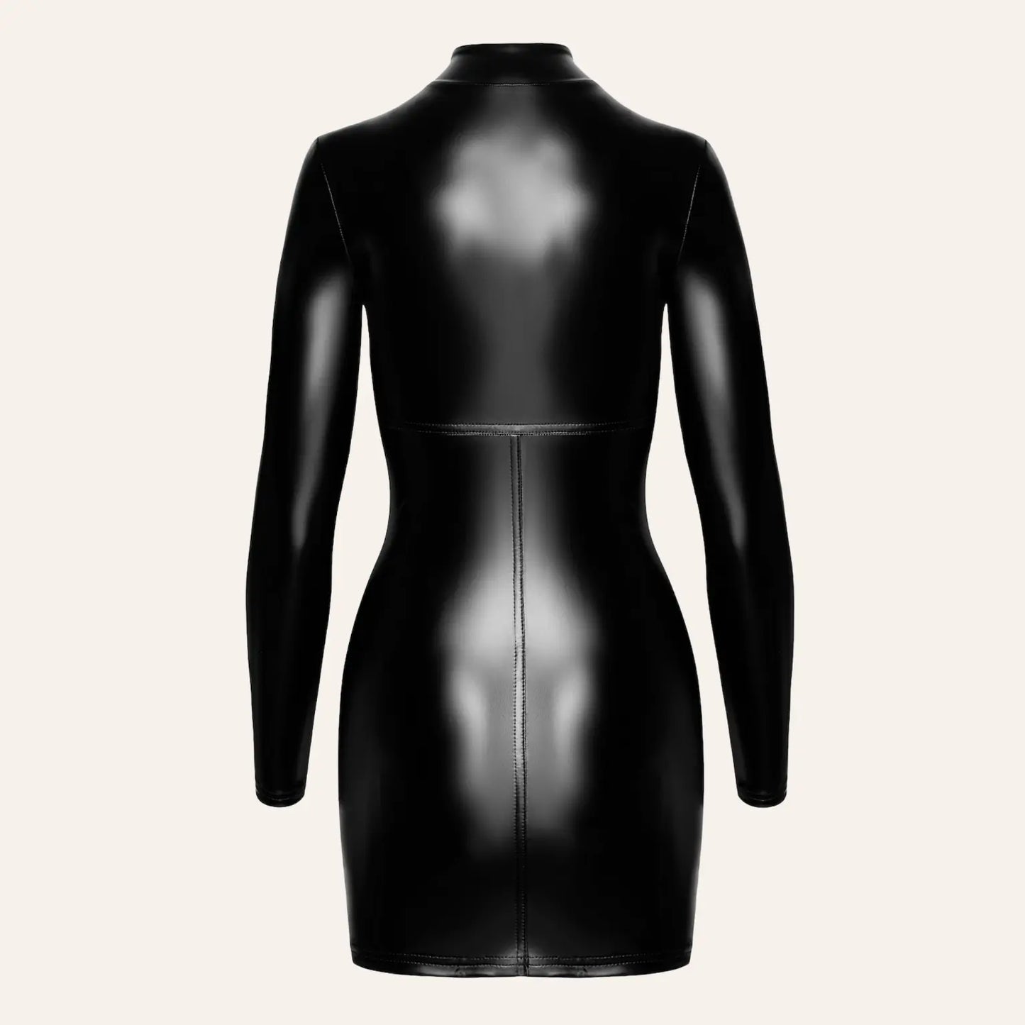 Mini robe noire à manches longues en matière wetlook, vue de dos du modèle Chimeria F330, disponible chez Oh My God'Z, boutique spécialisée en tenues érotiques et sextoys haut de gamme.