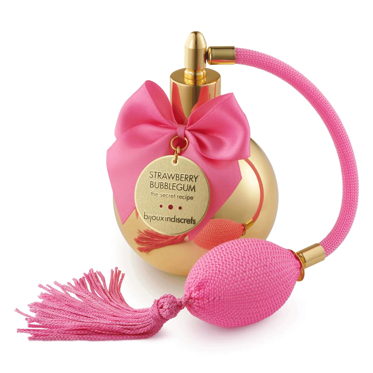 "Éveillez vos sens avec le parfum aphrodisiaque Bubble Gum de bijoux indiscrets chez Oh My God'Z, un spray luxueux au parfum de fraise gourmande, encapsulé dans un vaporisateur doré vintage avec pompon rose