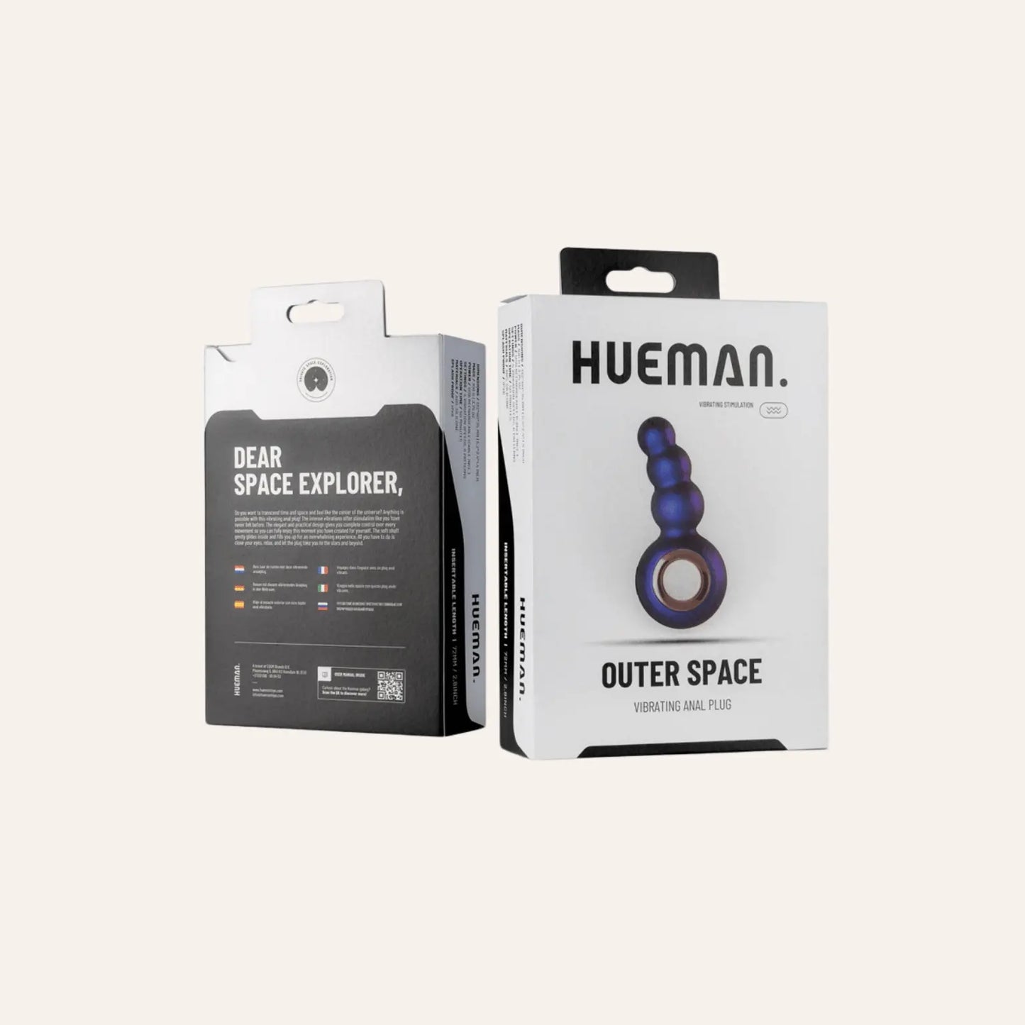 Emballage du plug anal vibrant "Outer Space" par Hueman, mettant en avant l’univers spatial et l’innovation sensorielle, en vente chez Oh My God'Z. L’alliance parfaite entre technologie et sextoy premium.