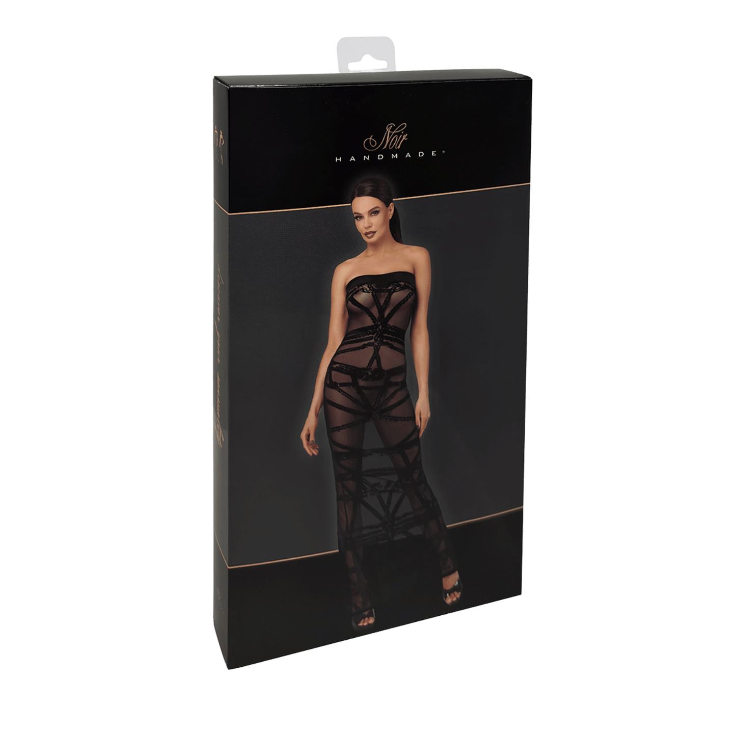 Robe bustier longue transparente Bondesque F358 en tulle floqué noir – Noir Handmade