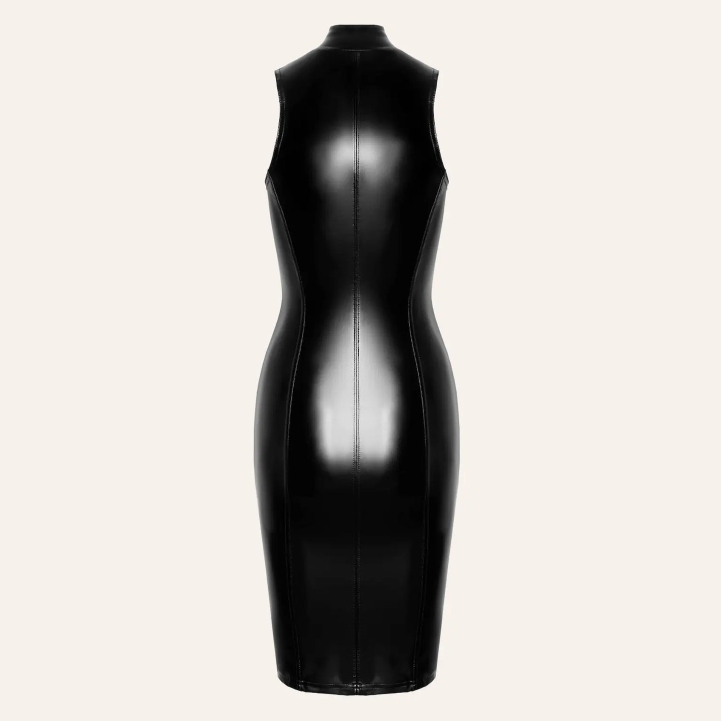 Robe moulante mi-longue en wetlook noir brillant, vue arrière, modèle F337 de la marque Oh My God'Z. Une pièce fétiche sans manches, idéale pour les amatrices de sextoys haut de gamme et de tenues sexy disponibles dans la boutique Oh My God'Z.