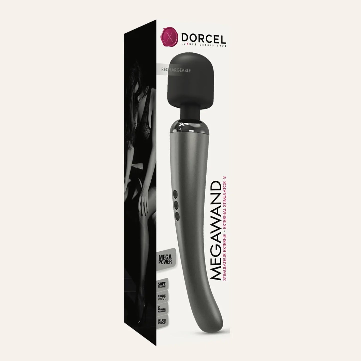 Boîte du stimulateur Megawand Silver de Dorcel, mettant en valeur un vibromasseur wand de luxe avec ses caractéristiques puissantes, en vente sur Oh My God'Z.