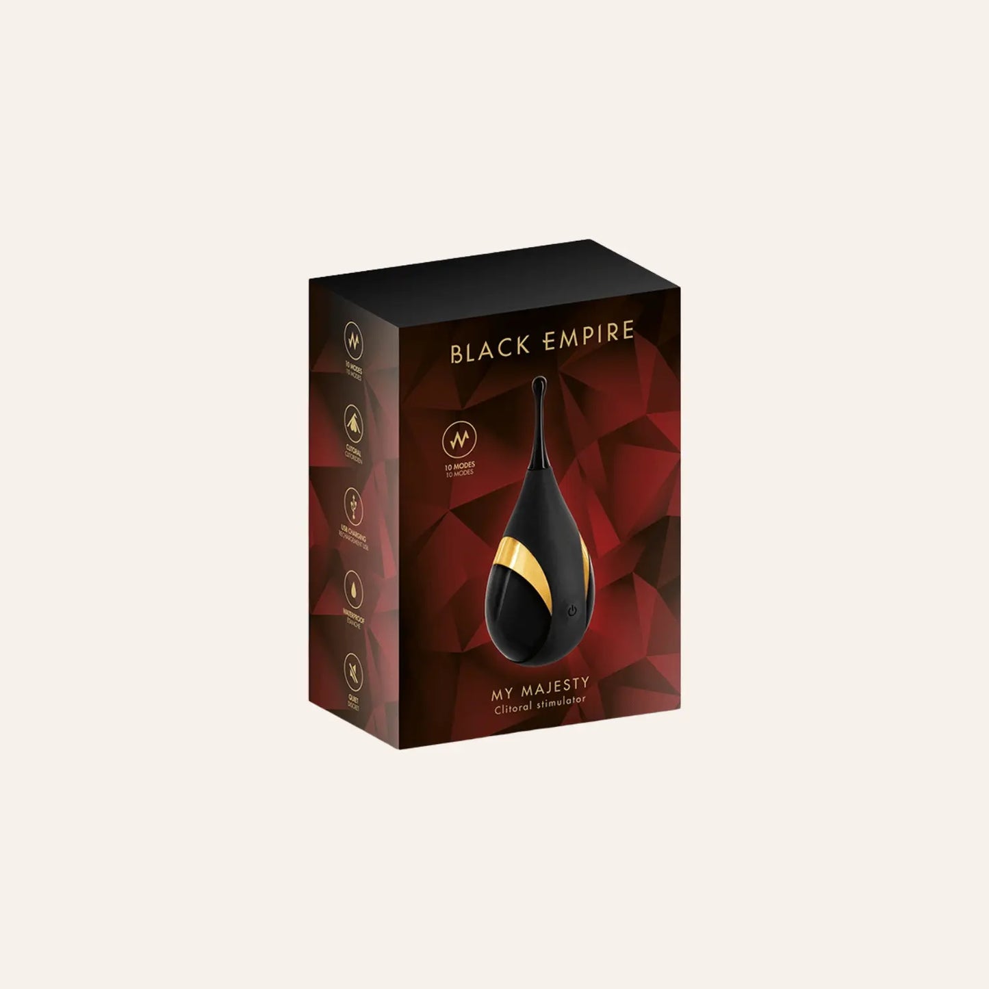 Packaging du stimulateur clitoridien My Majesty - Black Empire proposé par la boutique Oh My God'Z, un sextoy féminin de luxe offrant 10 modes de stimulation, parfait pour une expérience sensorielle haut de gamme.