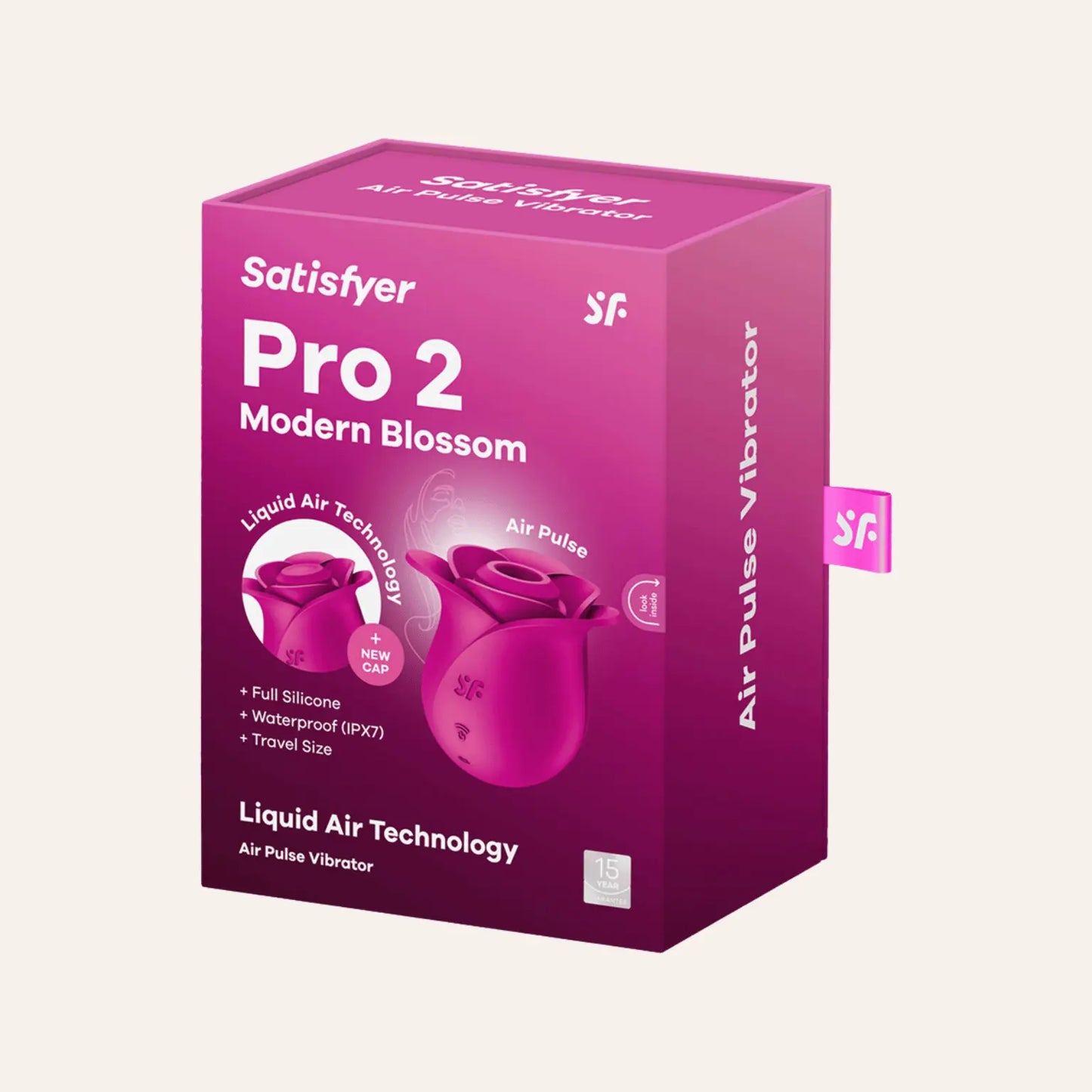 Boîte du stimulateur clitoridien haut de gamme Satisfyer Pro 2 Modern Blossom, proposé par la boutique Oh My God'Z, avec technologie Liquid Air, étanchéité IPX7 et design en silicone intégral pour des plaisirs intimes intenses.