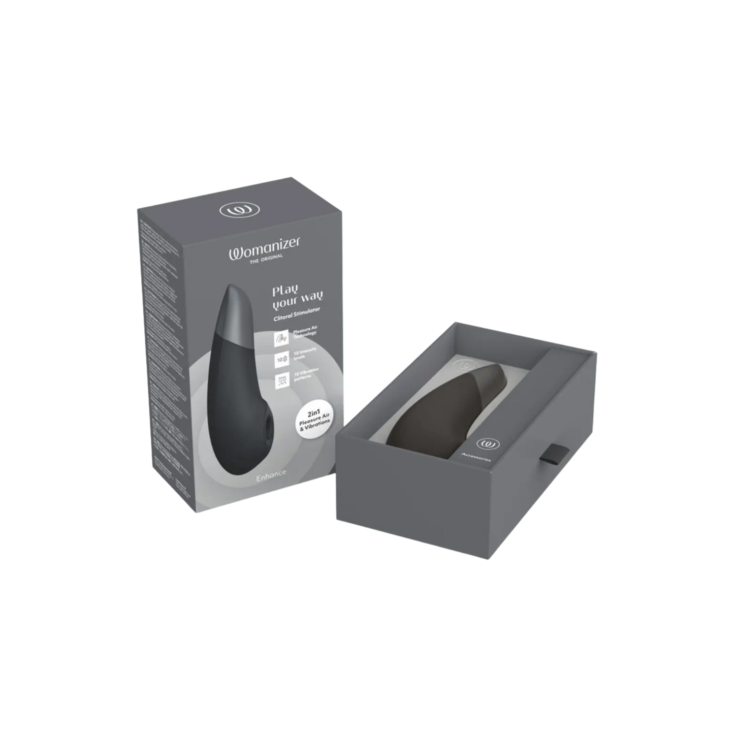 Stimulateur clitoridien Womanizer Enhance en noir et gris avec sa boîte élégante, un must-have dans l’univers des sextoys premium chez Oh My God'Z.