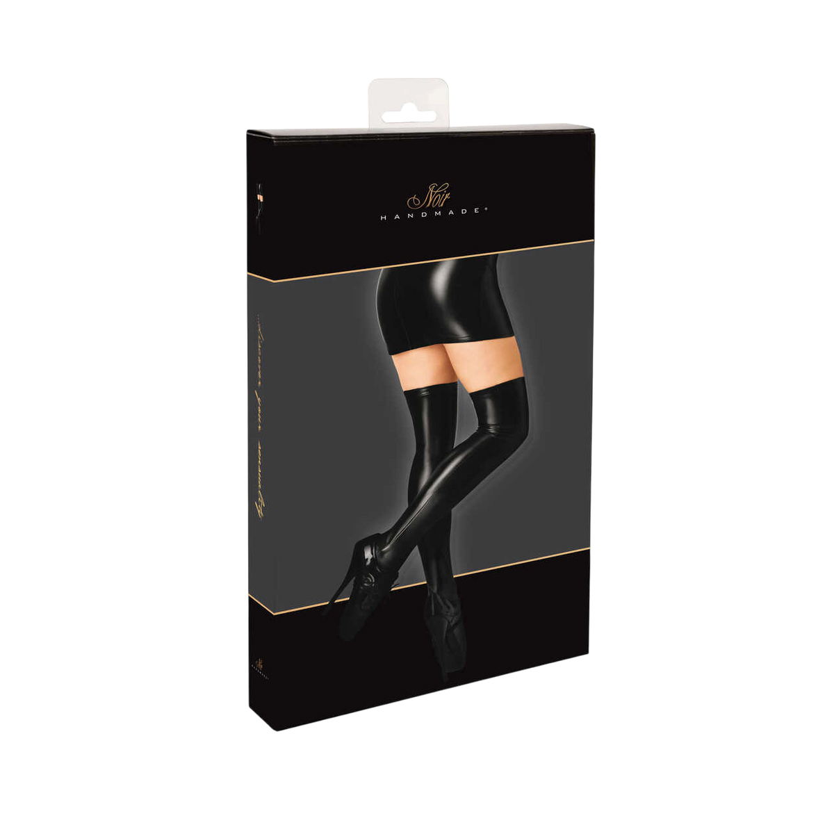 Boite noire et doree Noir Handmade presentant les bas cuissardes noirs en Powerwetlook brillant - Oh My God'Z