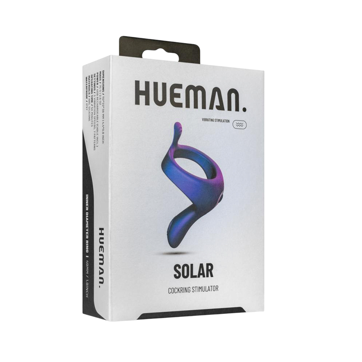 Boite du cockring vibrant Solar Hueman, emballage blanc avec visuel de l'anneau silicone violet bleu - Oh My God'Z