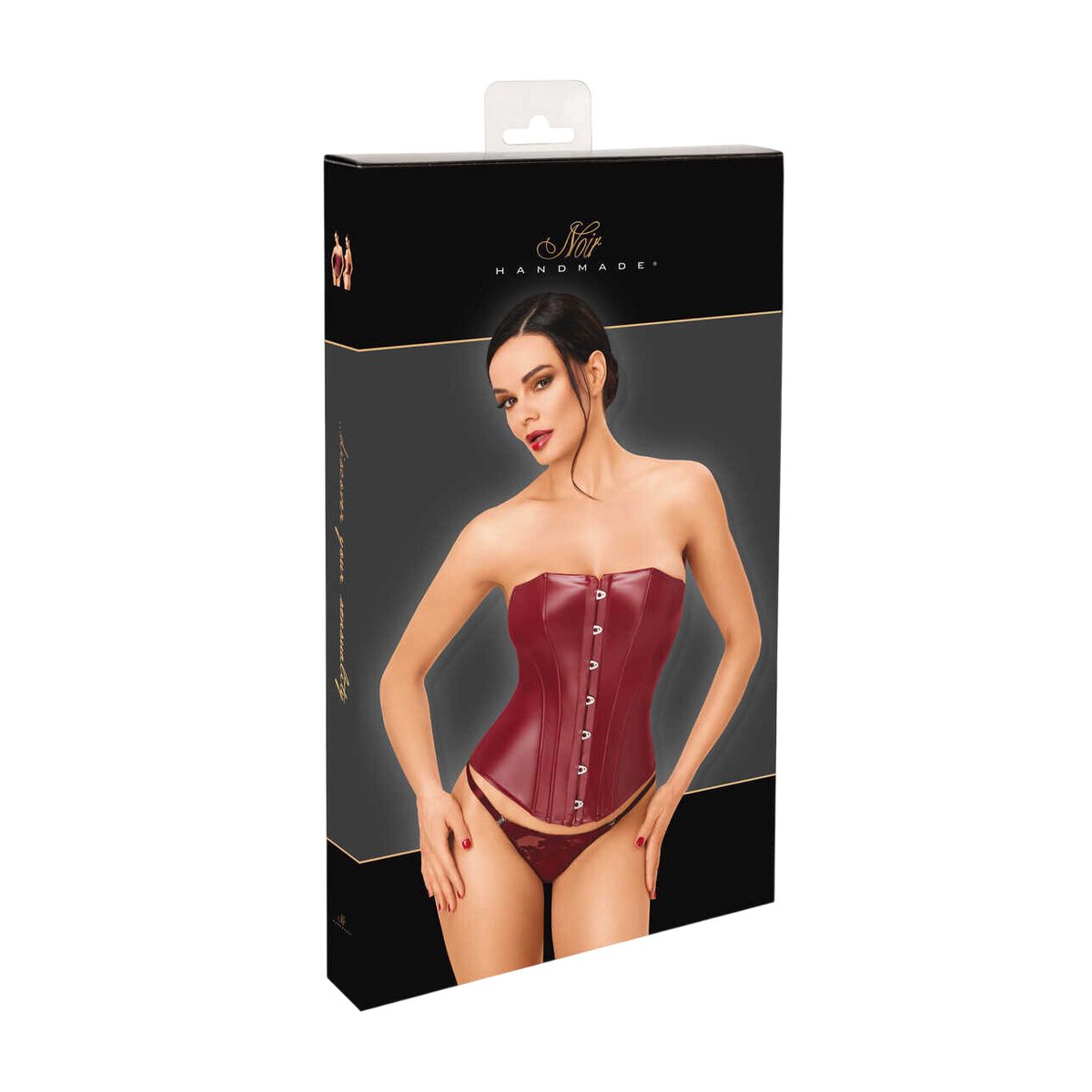 Packaging noir et dore Noir Handmade presentant le corset bordeaux en wetlook porte par un modele - Oh My God'Z