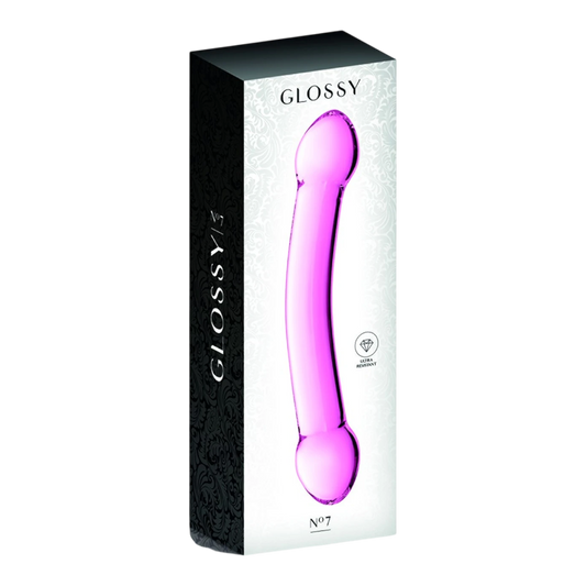 Packaging du double gode en verre rose Glossy n°7 dans boîte noire et blanche élégante - Oh My God'Z