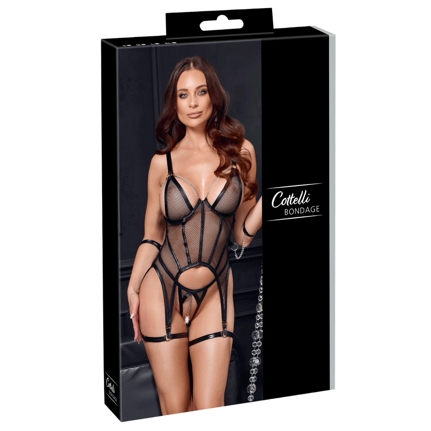 Packaging noir Cottelli Bondage avec visuel ensemble porte-jarretelles résille et menottes sur fond sombre - Oh My God'Z