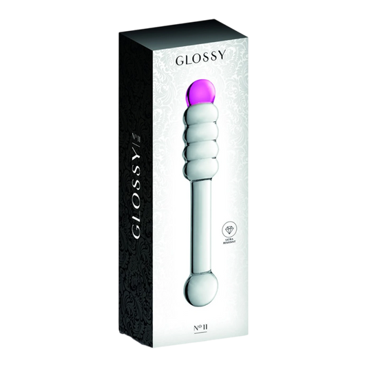 Packaging Glossy n°11 montrant le gode en verre bicolore avec boules et détails produit - Oh My God'Z