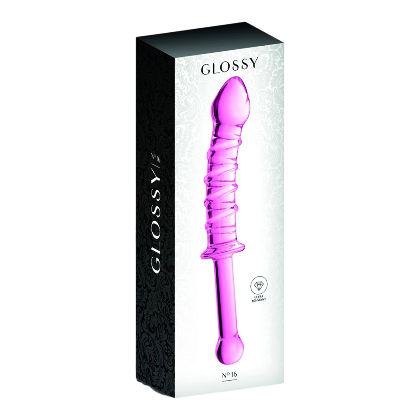Packaging Glossy n°16 avec gode en verre rose strié, boîte noire et blanche ultra-résistant - Oh My God'Z