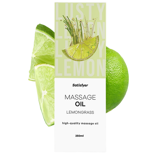 Huile de massage lemongrass Satisfyer 250ml avec citrons verts et brins d'herbe sur fond vert - Oh My God'Z