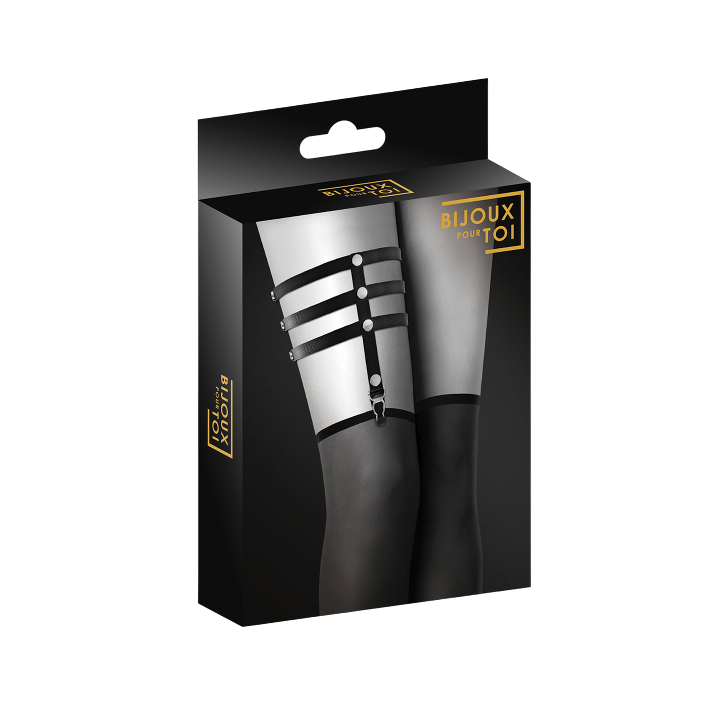 Packaging Bijoux pour Toi jarretière fétichiste triple bandes avec rivets métal fond noir - Oh My God'Z
