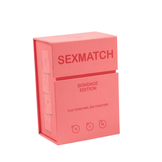 Boîtier rose corail du jeu Sexmatch Bondage Edition fermé sur fond blanc - Oh My God'Z