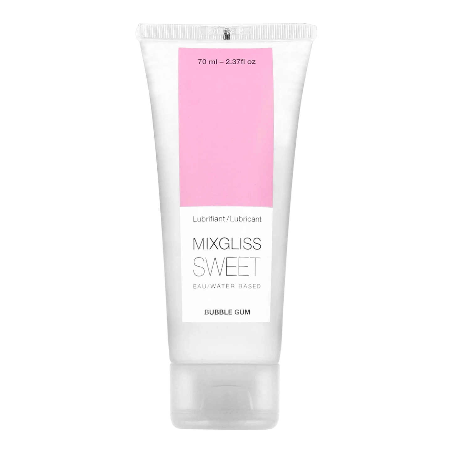 Tube de lubrifiant Mixgliss Sweet parfum bubble gum, 70ml, base eau, emballage blanc et rose - Oh My God'Z