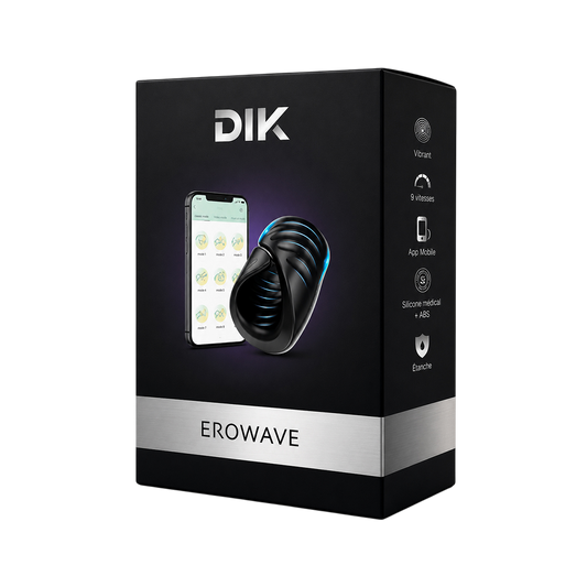 Boite noire du masturbateur masculin connecte Erowave DIK, gaine noire en silicone et application mobile - Oh My God'Z