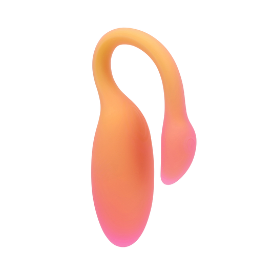 Oeuf vibrant Flamingo Max Magic Motion en silicone degrade orange et rose, col flexible, vue de profil - Oh My God'Z