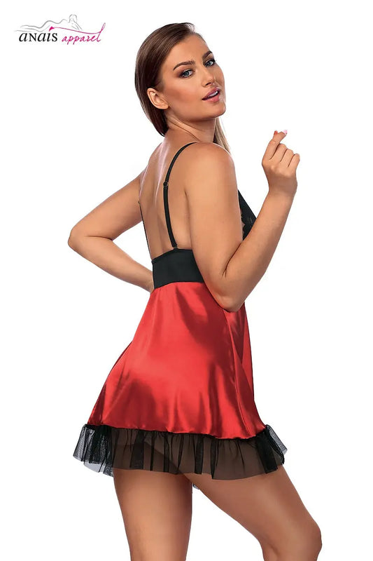 Oh My God'Z - Nuisette dentelle et satin Lisbeth - Anaïs - sexy - noir et rouge