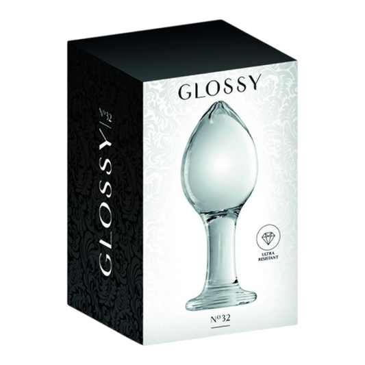 Packaging du plug anal Glossy n°32 en verre transparent avec boîte noire et blanche élégante - Oh My God'Z