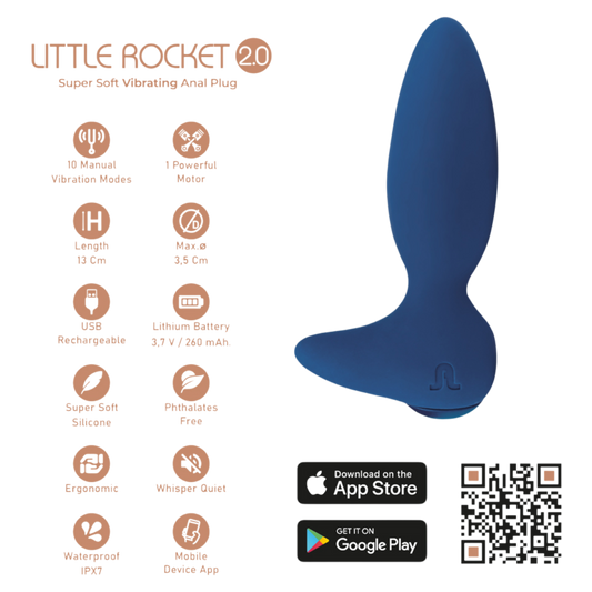 Fiche technique du plug anal vibrant Little Rocket II Adrien Lastic bleu silicone, 13 cm, 10 vibrations - Oh My God'Z