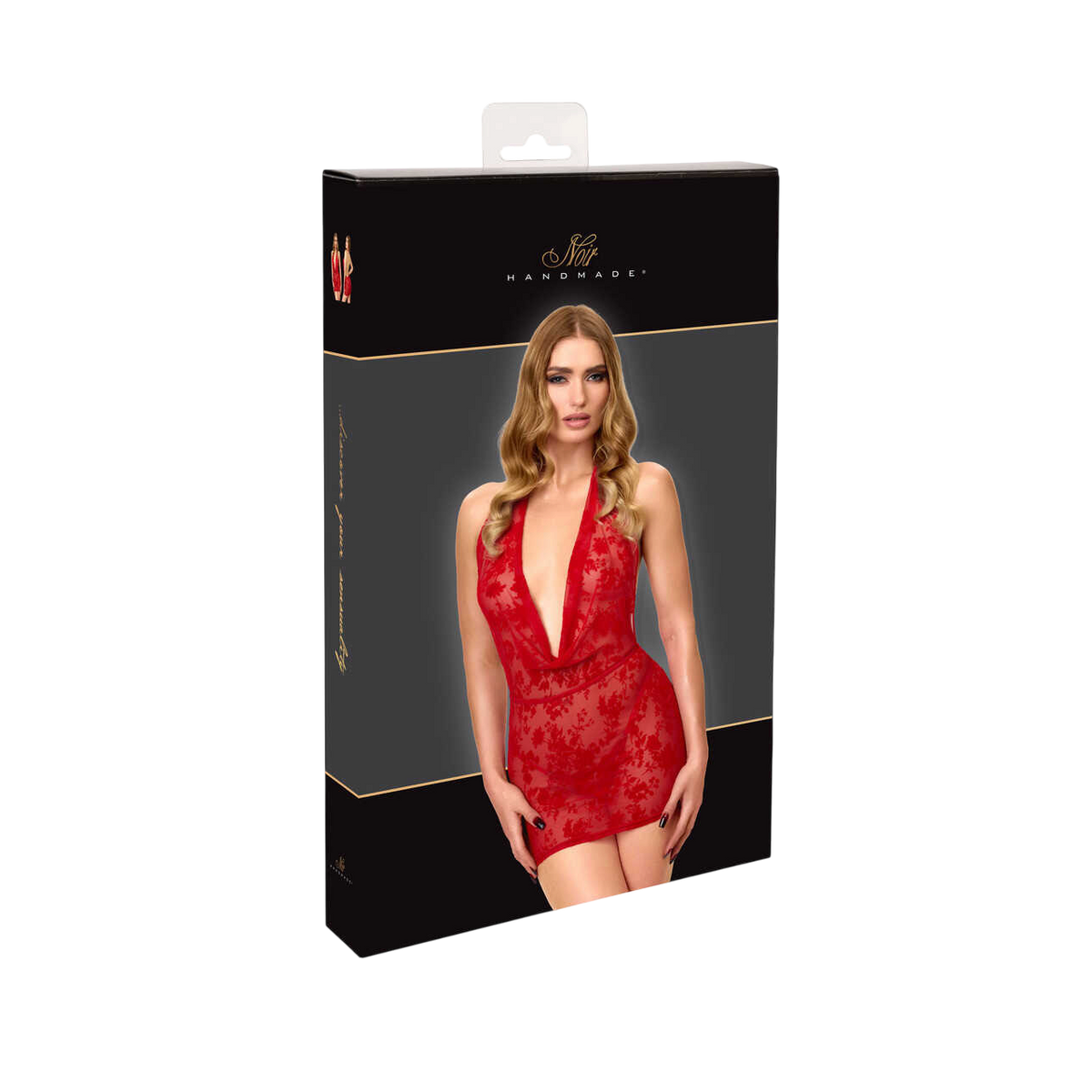 Packaging noir et dore Noir Handmade de la robe courte rouge en tulle floque transparent, visuel boite - Oh My God'Z