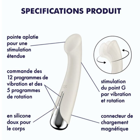 Schéma détaillé du vibromasseur point G rotatif blanc en silicone avec commandes et connecteur magnétique - Oh My God'Z