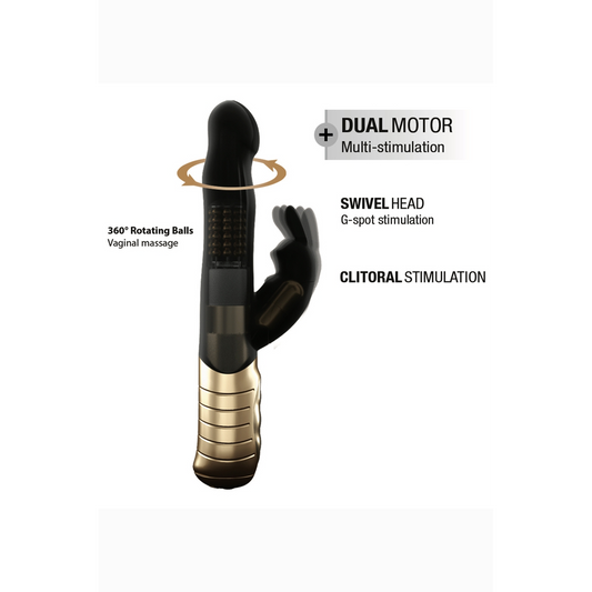 Schéma des fonctions du Baby Rabbit 2.0 : tête pivotante 360°, billes rotatives et stimulation clitoridienne - Oh My God'Z
