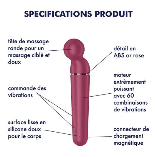 Schéma technique du vibromasseur wand rouge avec détails des fonctionnalités et composants - Oh My God'Z