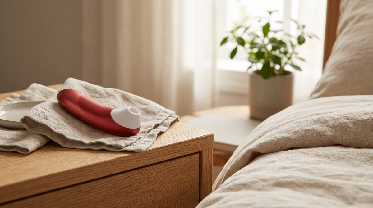 Stimulateur clitoridien Womanizer Pro bordeaux posé sur un linge en lin, sur une table de chevet en bois clair