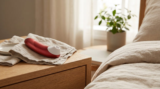 Stimulateur clitoridien Womanizer Pro bordeaux posé sur un linge en lin, sur une table de chevet en bois clair