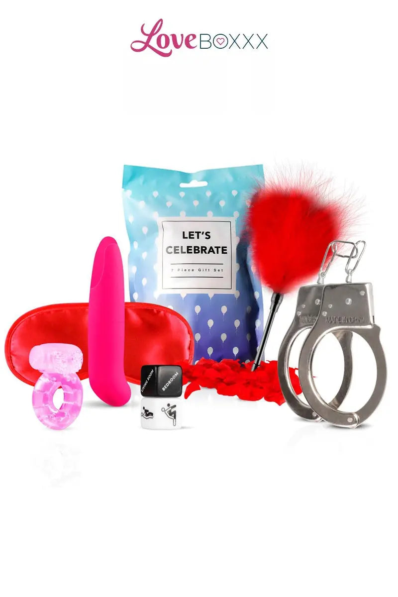 Oh My God'Z - Box coquine LoveBoxxx - Let's Celebrate - vibromasseur - menottes - plumeau - masque 