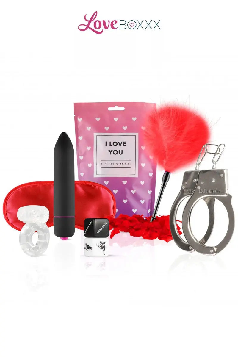 Oh My God'Z - Box coquine LoveBoxxx - I Love You - vibromasseur - menottes - plumeau - masque 