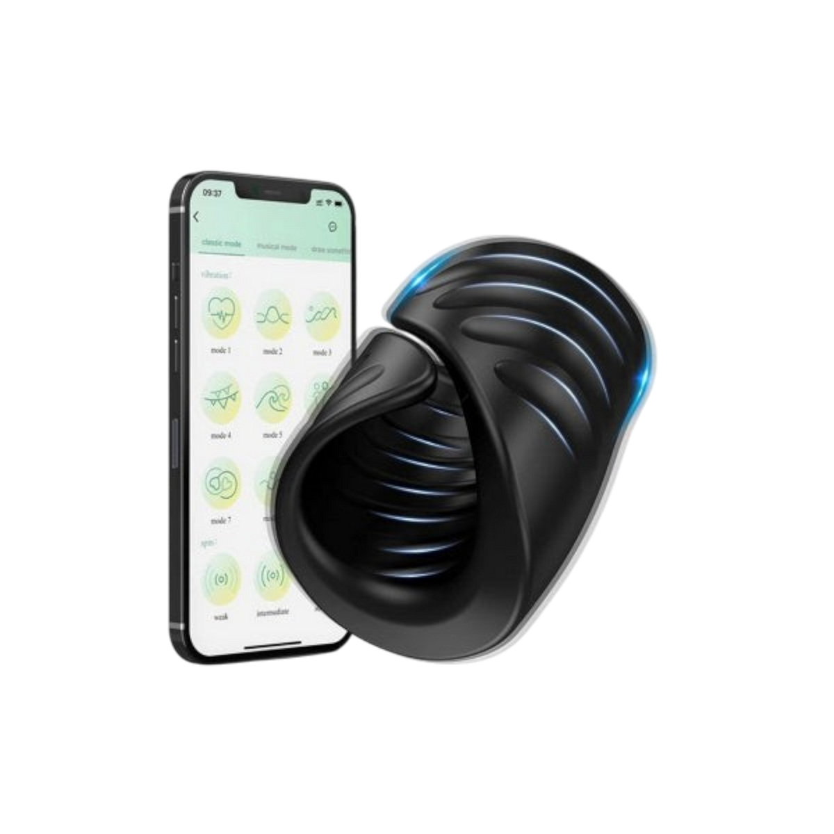 Masturbateur masculin connecté Erowave noir en silicone par Oh My God'Z avec interface de contrôle sur smartphone