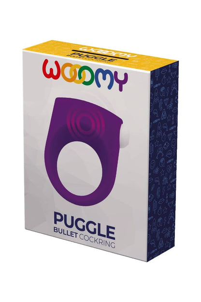 Anneau vibrant pour pénis (cockring) Puggle Woomy en silicone violet avec bouton blanc, disponible sur OhMyGodz, conçu pour améliorer le plaisir et les performances.