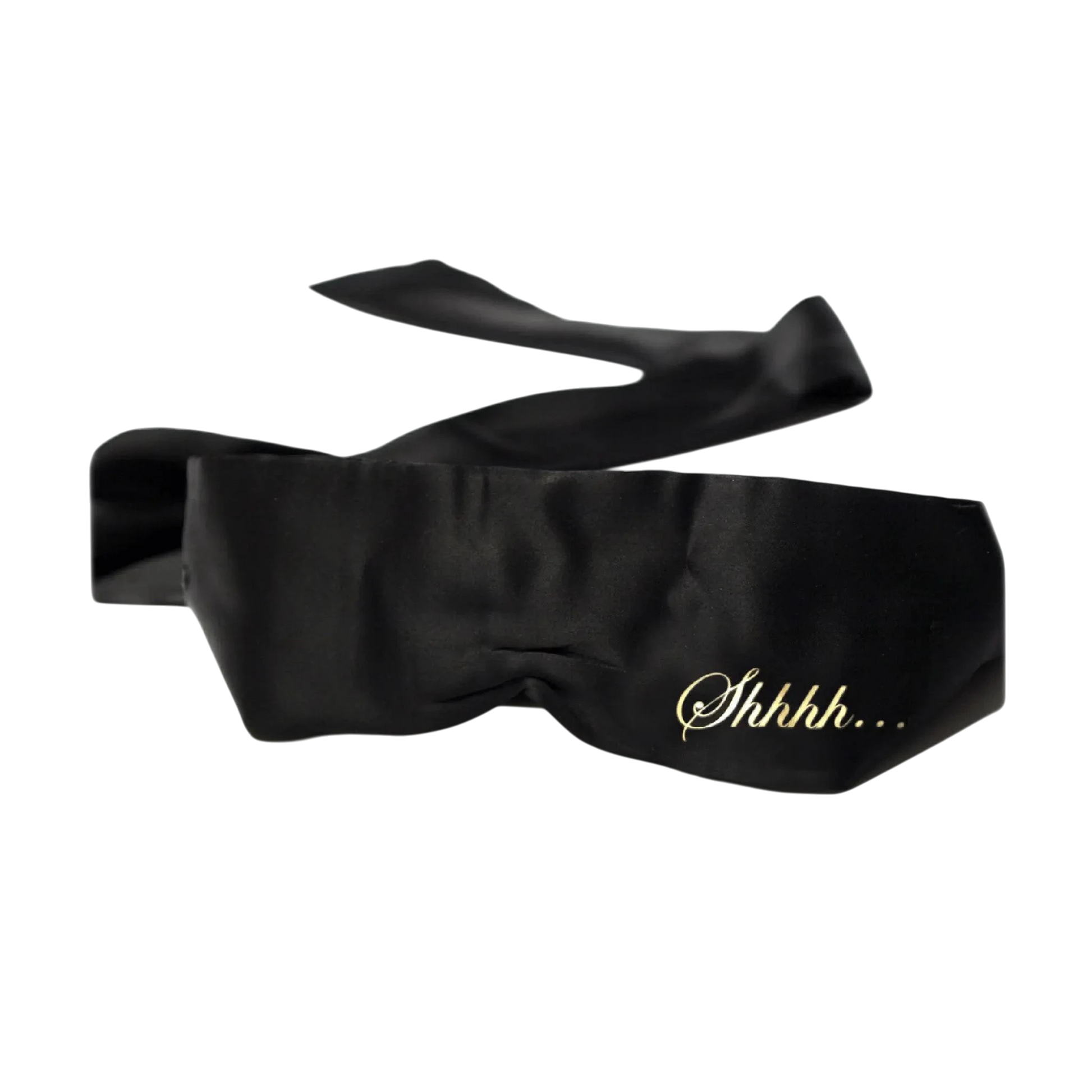 Bandeau noir en satin Shhh de Bijoux Indiscrets avec inscription dorée, accessoire de charme pour vos soirées intimes, offert par Oh My God'Z