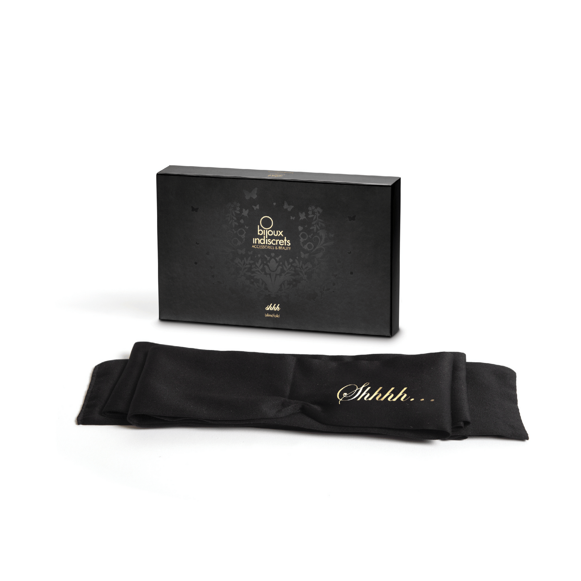Élégant bandeau en satin noir Shhh de Bijoux Indiscrets dans son emballage raffiné, invitation à la complicité sensuelle chez Oh My God'Z