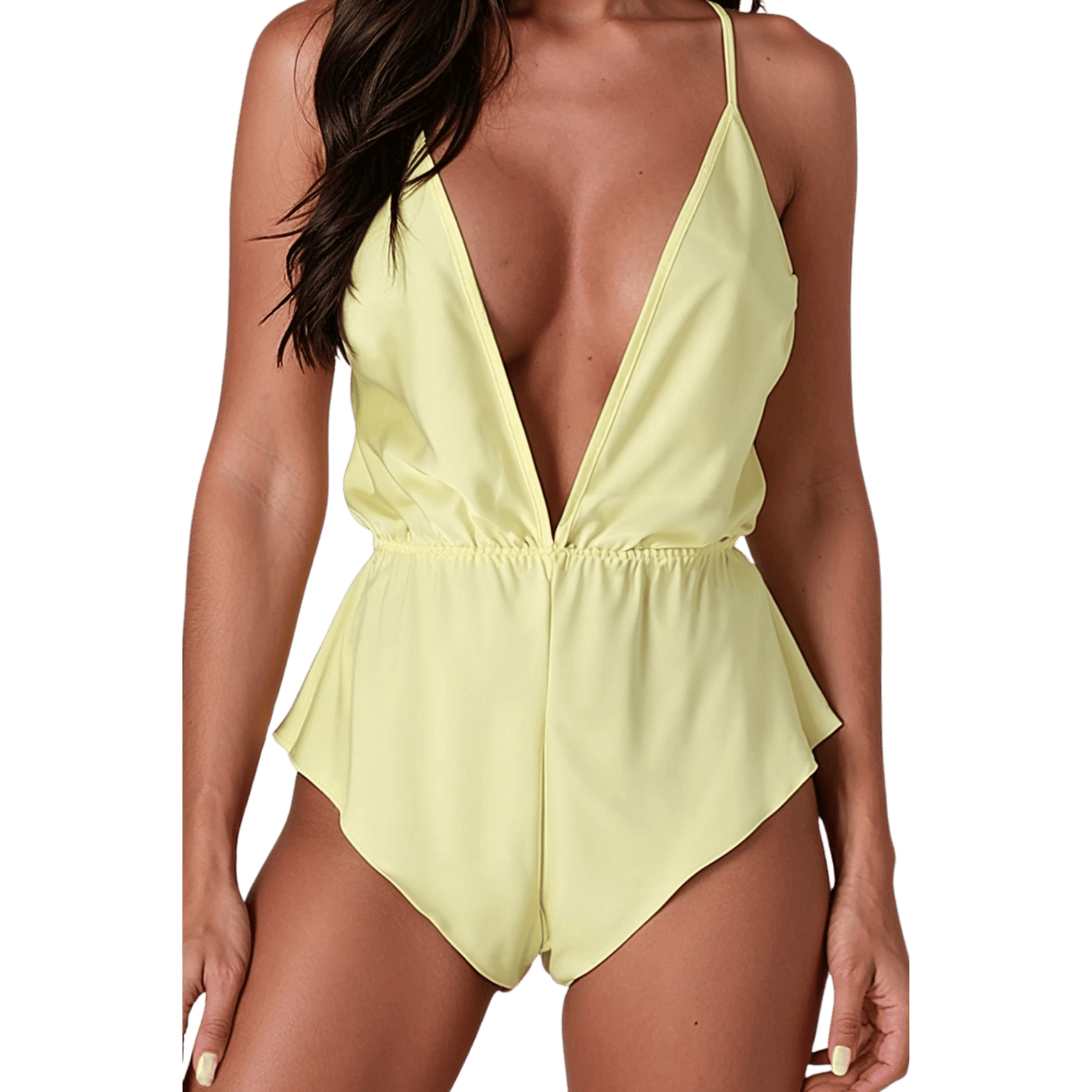 Body Sensie Passion en satin jaune pastel à décolleté plongeant – Oh My God’Z