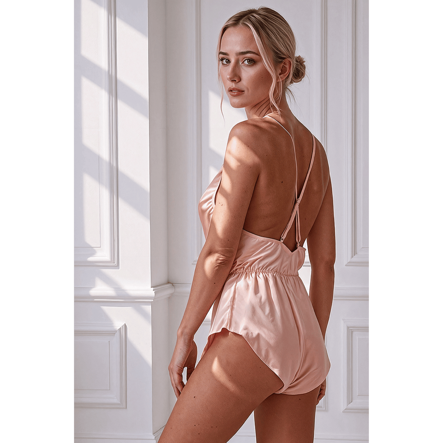 Vue dos du body rose poudré Sensie Passion avec fines bretelles croisées